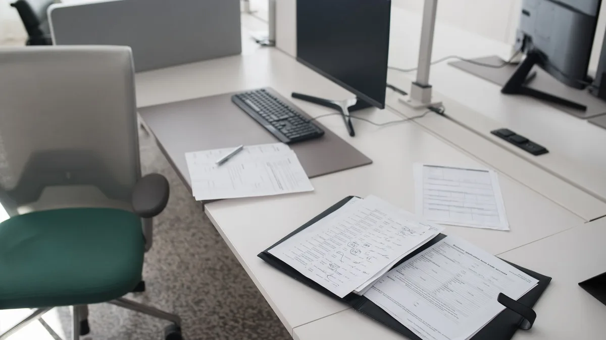 Documentos archivados en una carpeta sobre un escritorio de trabajo